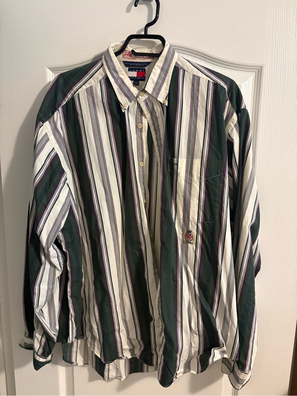 Tommy Hilfiger Men’s Green, White & Navy Vertical Stripe Button-Down Shirt